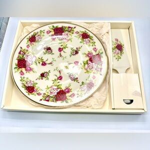 New VTG Baum Bros Victorian Rose Cake Plate & Serving Knife, Original Box